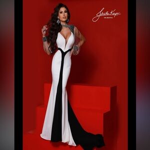 Johnathan Kayne Black and White Beaded Backless Gown